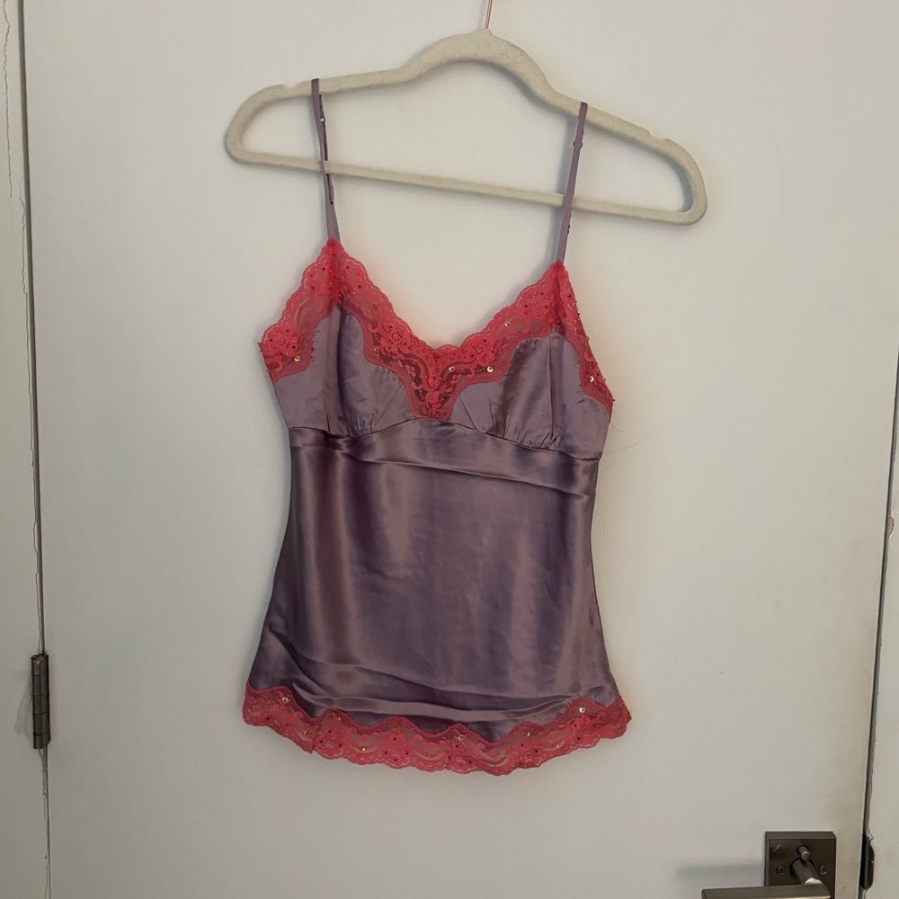 NWT Vintage Y2K Gold Hawk 100% Silk Cami M Beaded Lace Sleeveless Tank Top Fairy